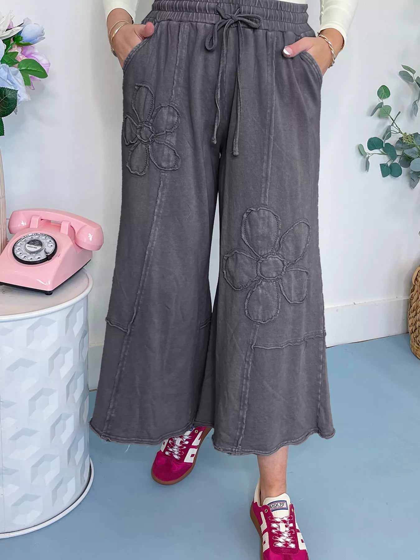 Flower Patch Mineral Washed Terry Knit Cropped Wide Leg Pants Dark Gray OutfitFlow