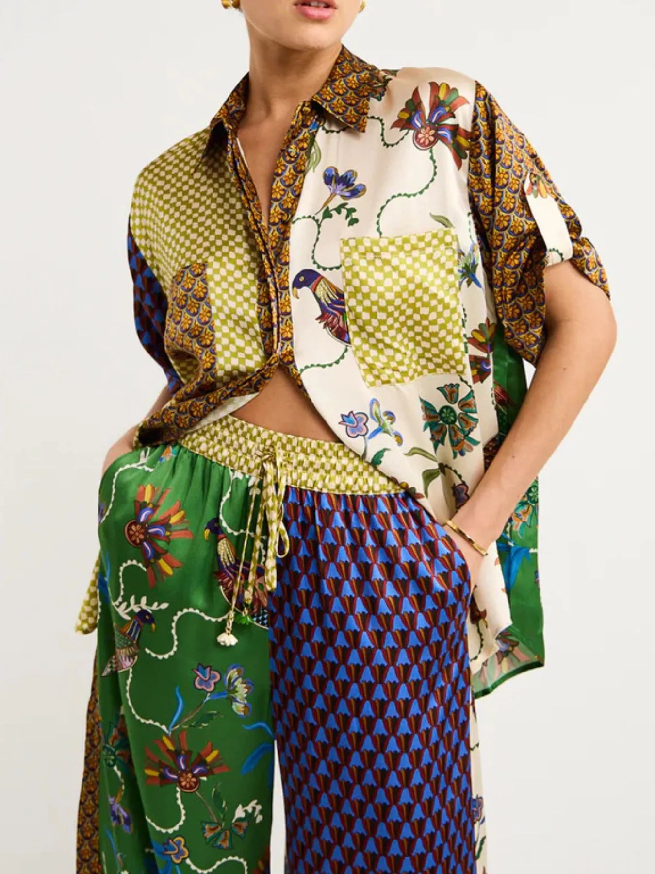 Printed Button Down Shirt and Pants Set Multicolor OutfitFlow
