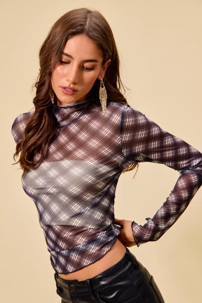 SO ME Plaid Mesh Knit Long Sleeve Top with Thumb Opening OutfitFlow