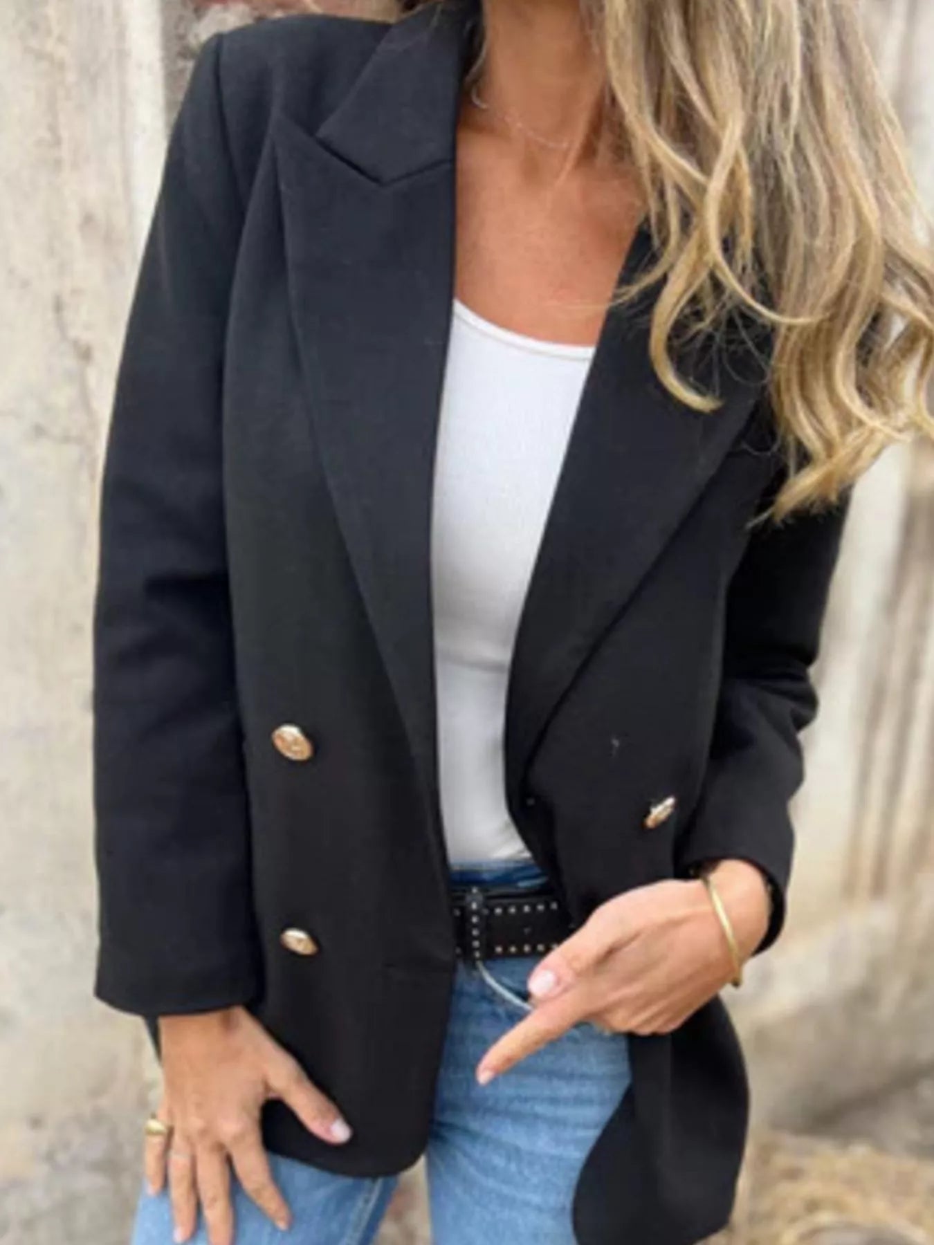 Full Size Double Breasted Long Sleeve Blazer Plus Size OutfitFlow
