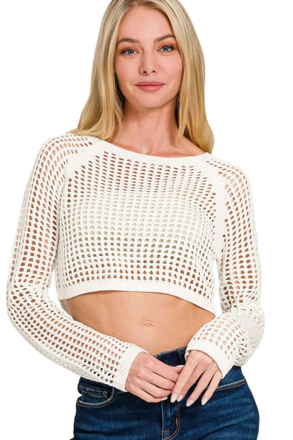 Zenana Hollow Knitted Cropped Round Neck Sweater IVORY OutfitFlow
