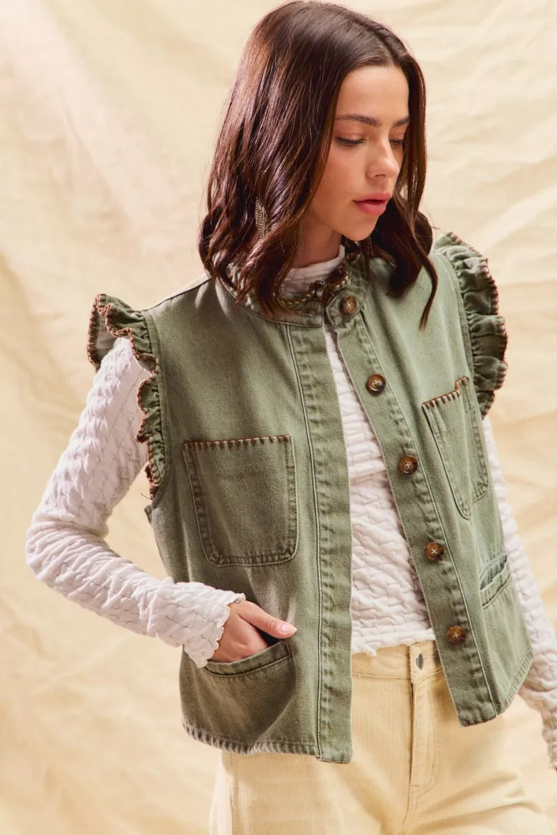 SO ME Washed Denim Stitch Ruffled Hidden Button Vest Top OutfitFlow