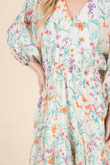 Lime 'N' Chili Floral Cinched Waist Balloon Sleeve V-Neck Dress OutfitFlow