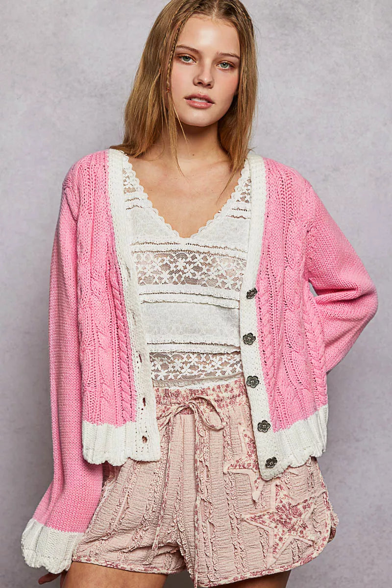 POL Button Down Cable-Knit Cardigan with Contrast Border Accents BARBIE PINK OutfitFlow