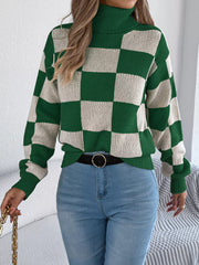 Checkered Turtleneck Long Sleeve Sweater OutfitFlow