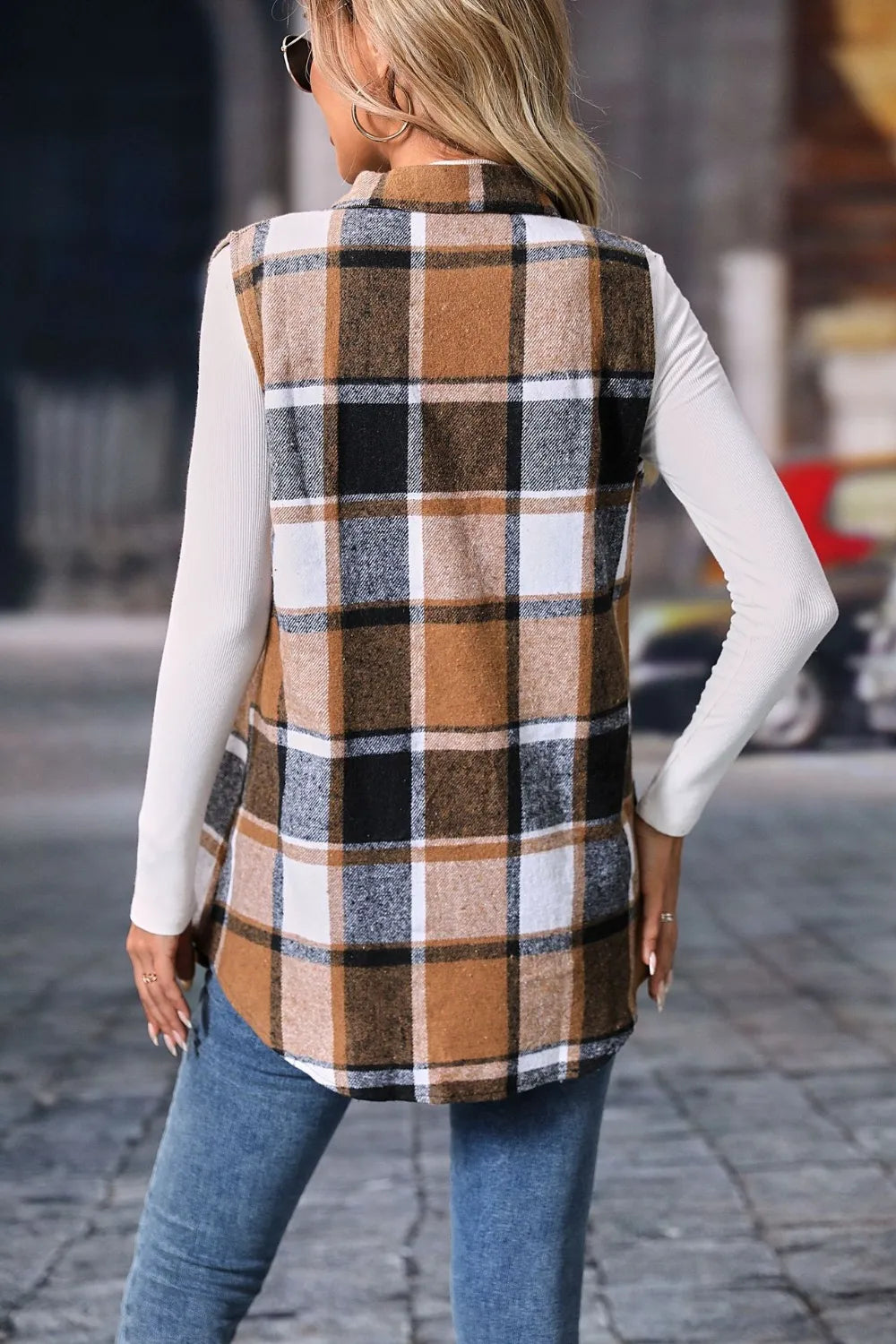 Plaid Button Up Vest Coat Trendsi