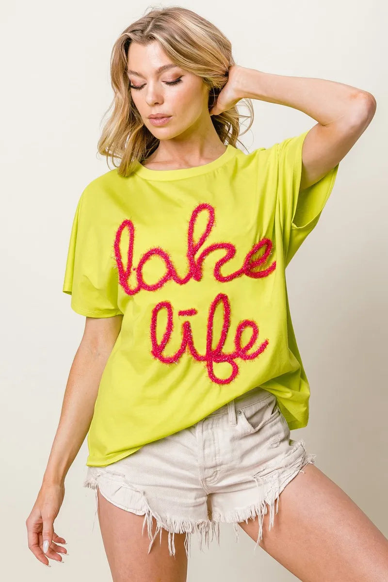 BiBi Metallic Letter Short Dolman Sleeve Top OutfitFlow