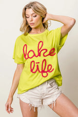 BiBi Metallic Letter Short Dolman Sleeve Top OutfitFlow