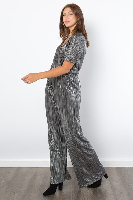 Outfit Flow - Be Stage Surplice Short Sleeve Pleated Foil Jumpsuit