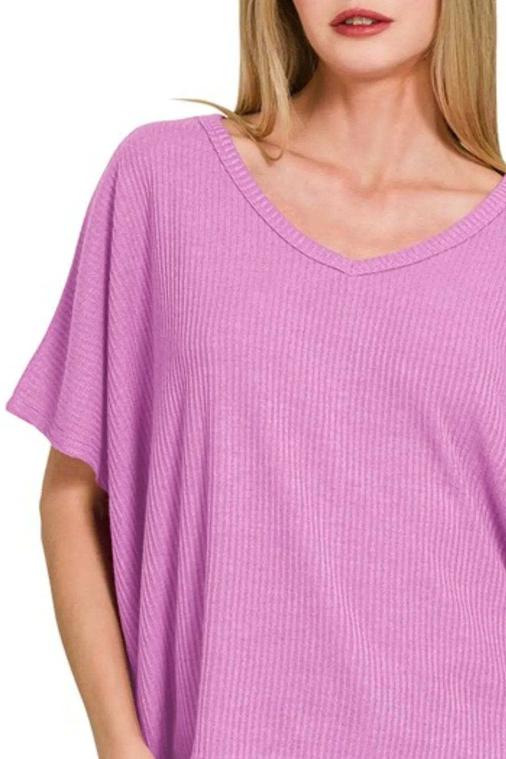 Zenana Ribbed V-Neck Short-Sleeve Knit Top OutfitFlow