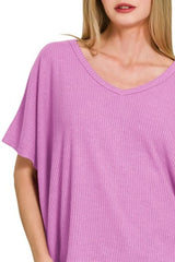 Zenana Ribbed V-Neck Short-Sleeve Knit Top OutfitFlow
