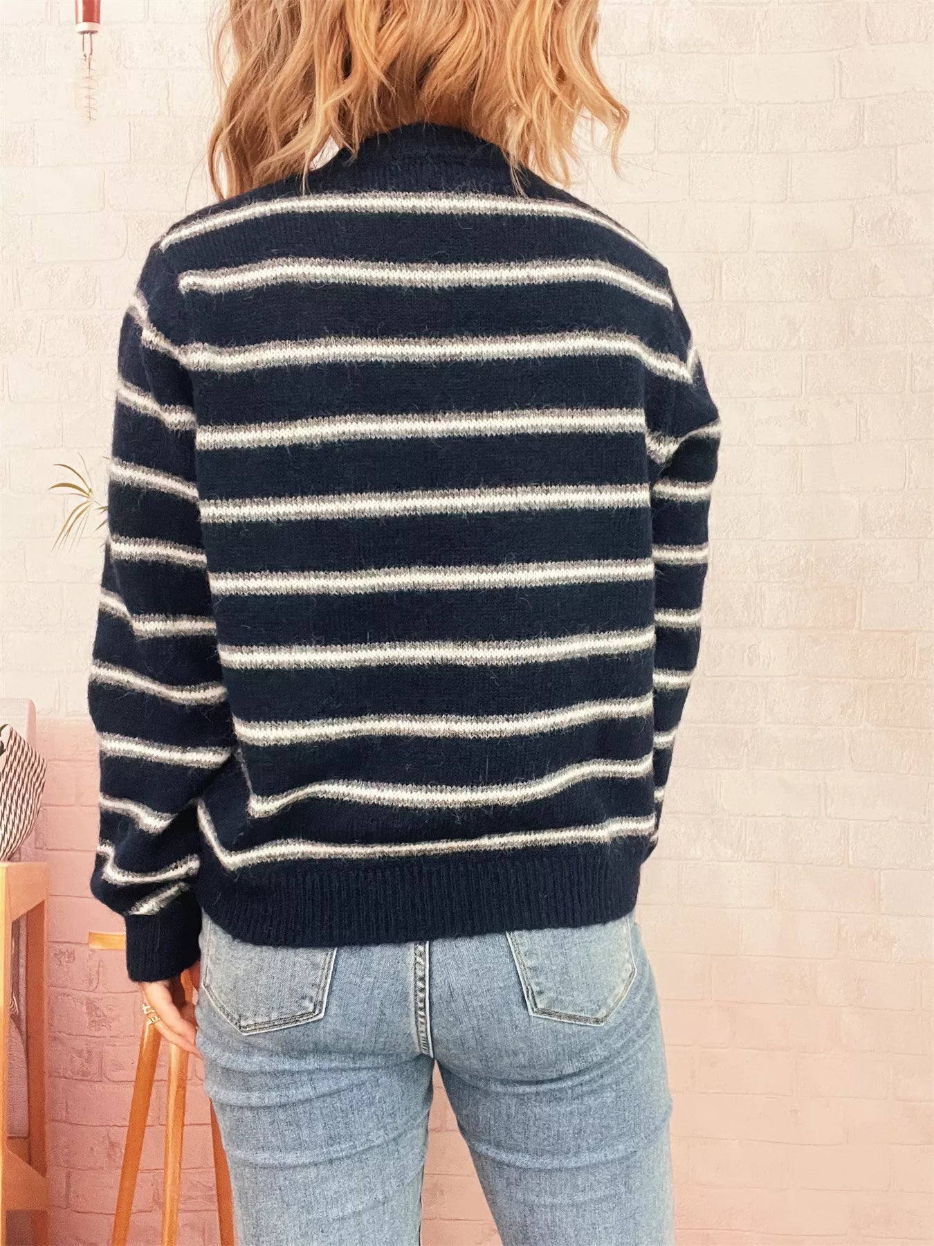 Striped Button-Up Long Sleeve Cardigan OutfitFlow