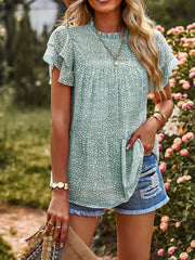 Printed Ruffle Sleeve Babydoll Blouse Green OutfitFlow
