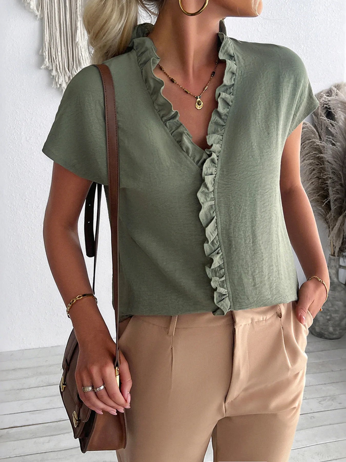 Ruffled V-Neck Short Sleeve Blouse OutfitFlow