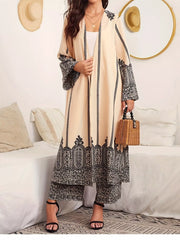 Printed Open Front Long Sleeve Cardigan & Pants Set Tan OutfitFlow