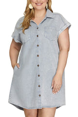 She + Sky Full Size Folded Cuff Button Down Washed Twill Shirt Dress Plus Size OutfitFlow