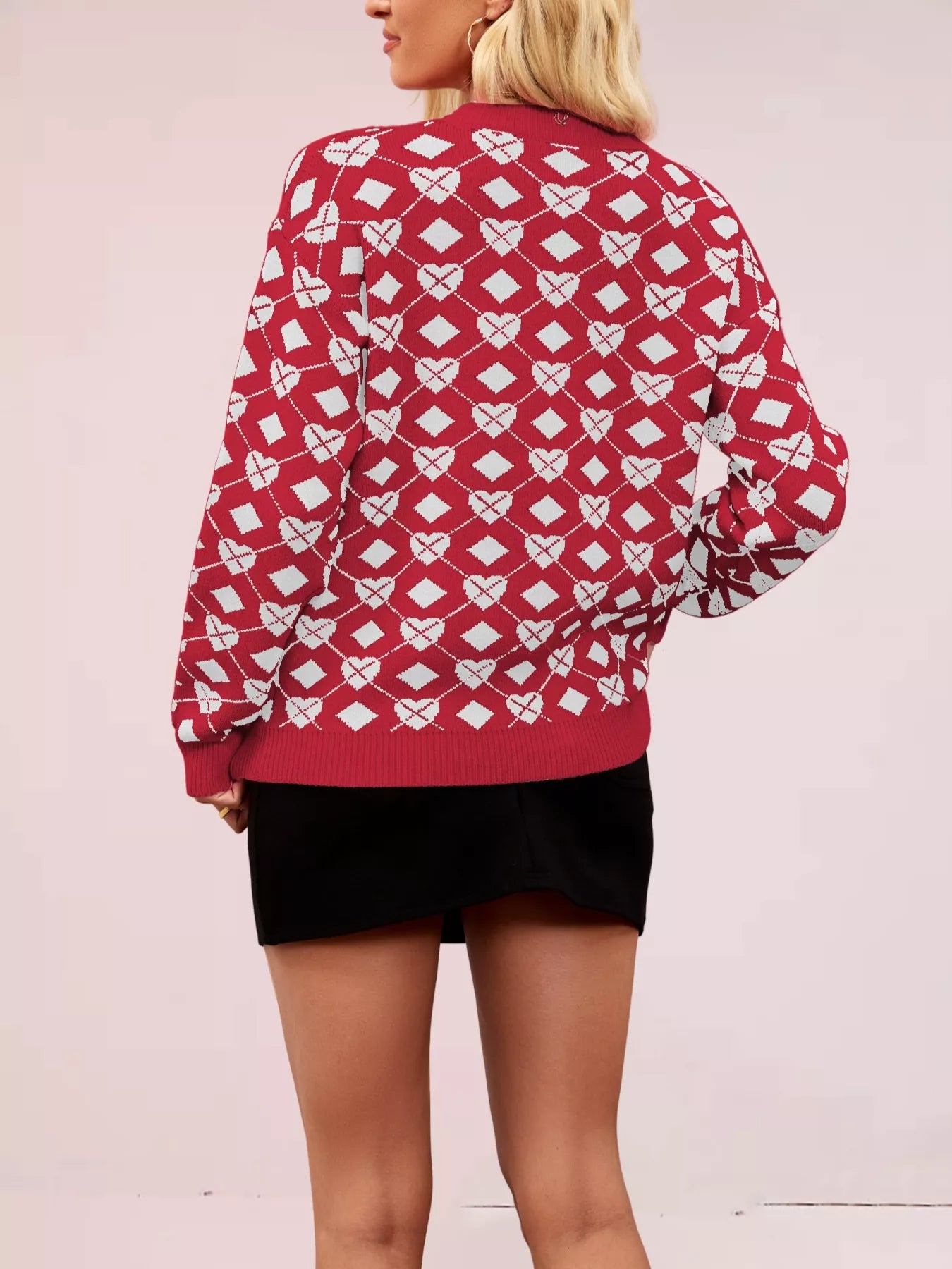 Heart & Diamond Pattern Long Sleeve Sweater OutfitFlow