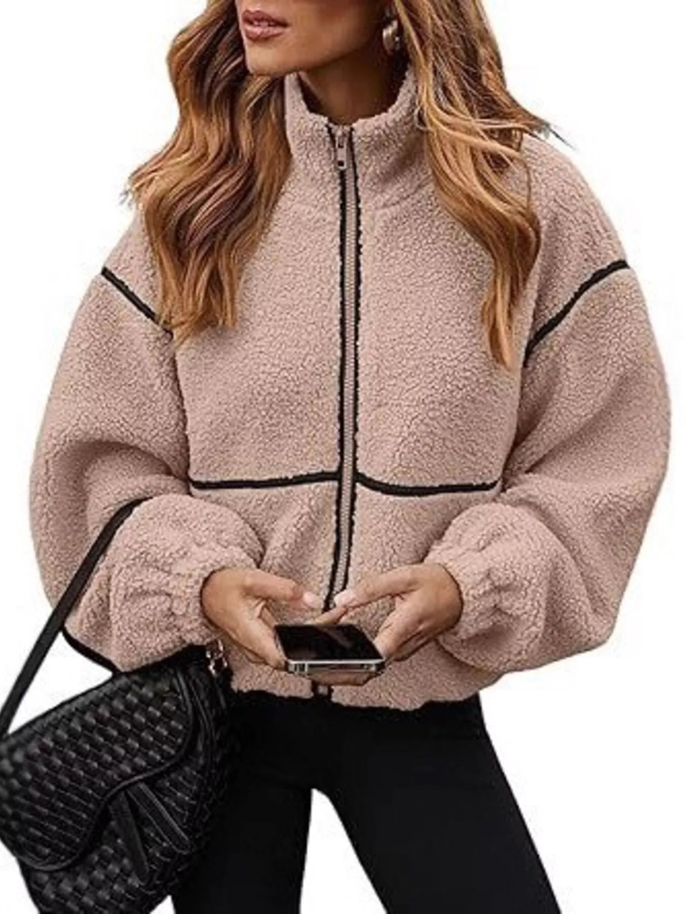 Cozy Sherpa Fleece Zip-Up Jacket Khaki OutfitFlow