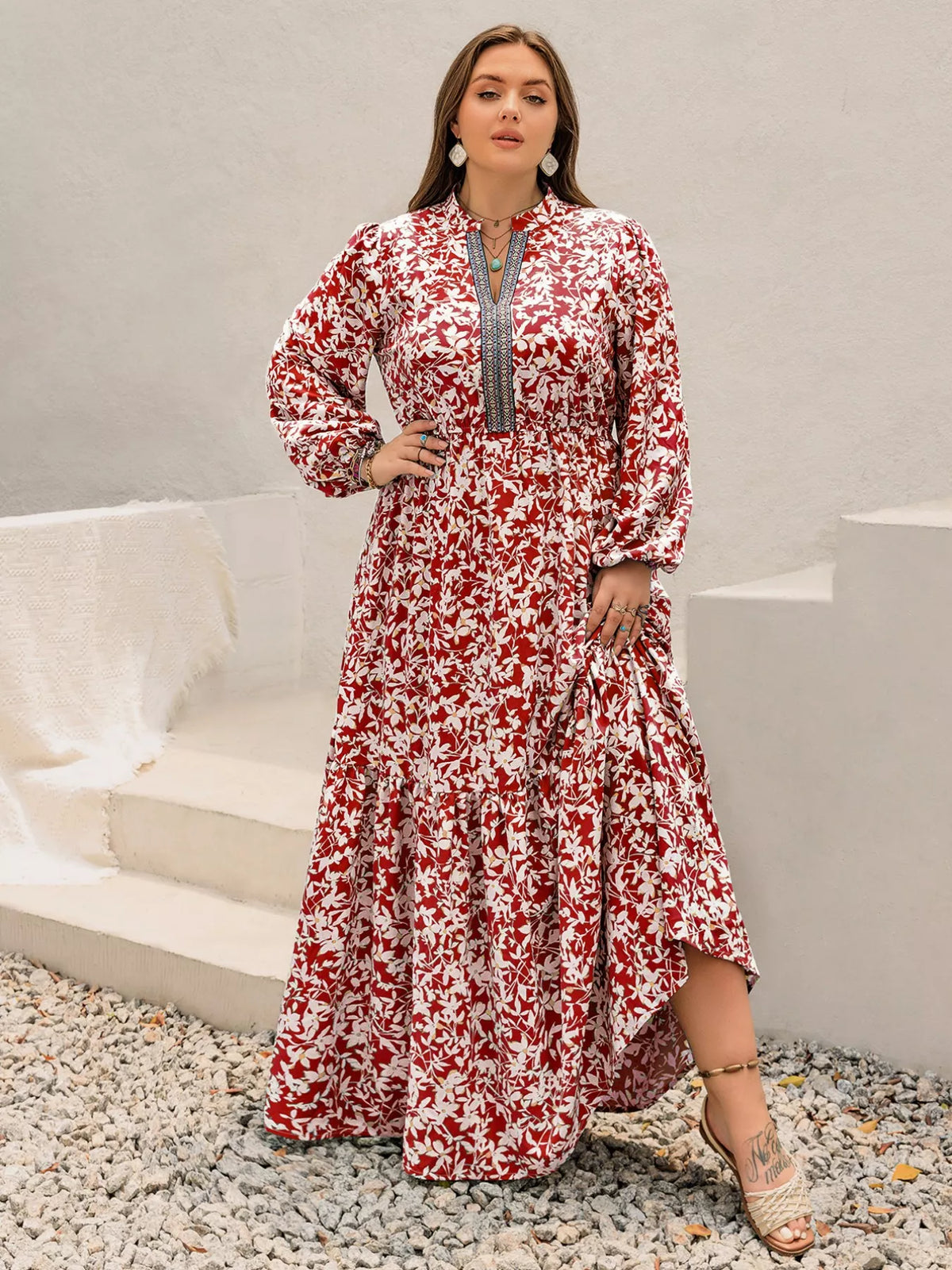 Plus Size Floral Print Long Sleeve Maxi Dress Deep Red OutfitFlow