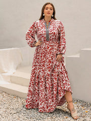 Plus Size Floral Print Long Sleeve Maxi Dress Deep Red OutfitFlow