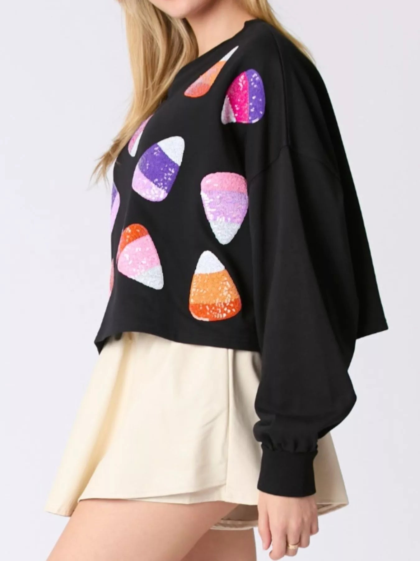 Halloween Candy Sequin Long-Sleeve Sweatshirt OutfitFlow