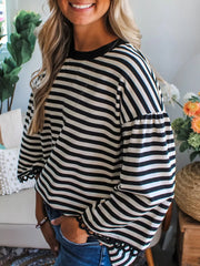 Striped Round Neck Bell Sleeve Top OutfitFlow