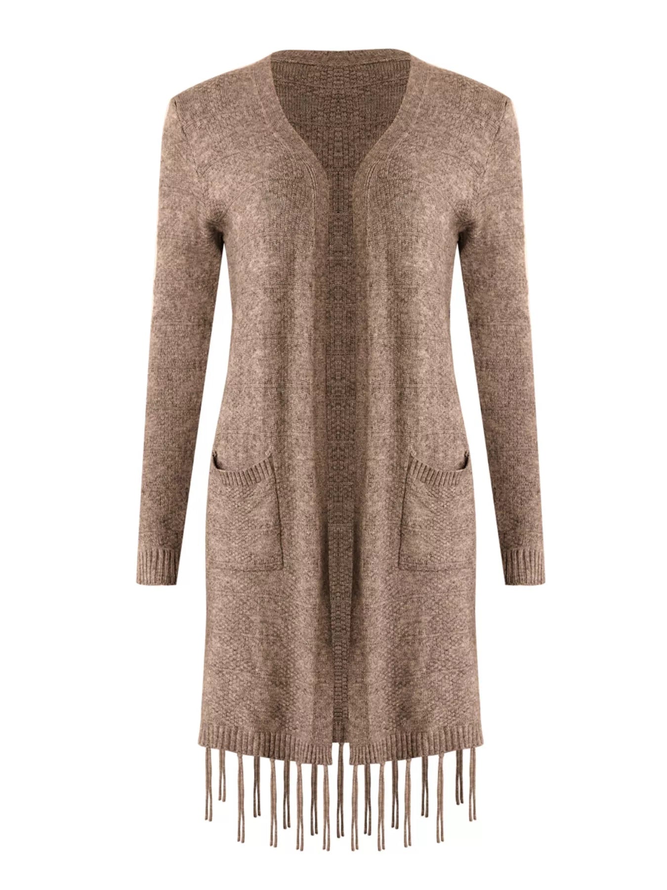 Open Front Fringe Longline Cardigan with Pockets OutfitFlow