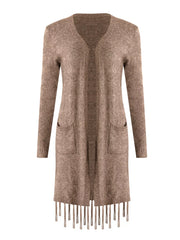 Open Front Fringe Longline Cardigan with Pockets OutfitFlow