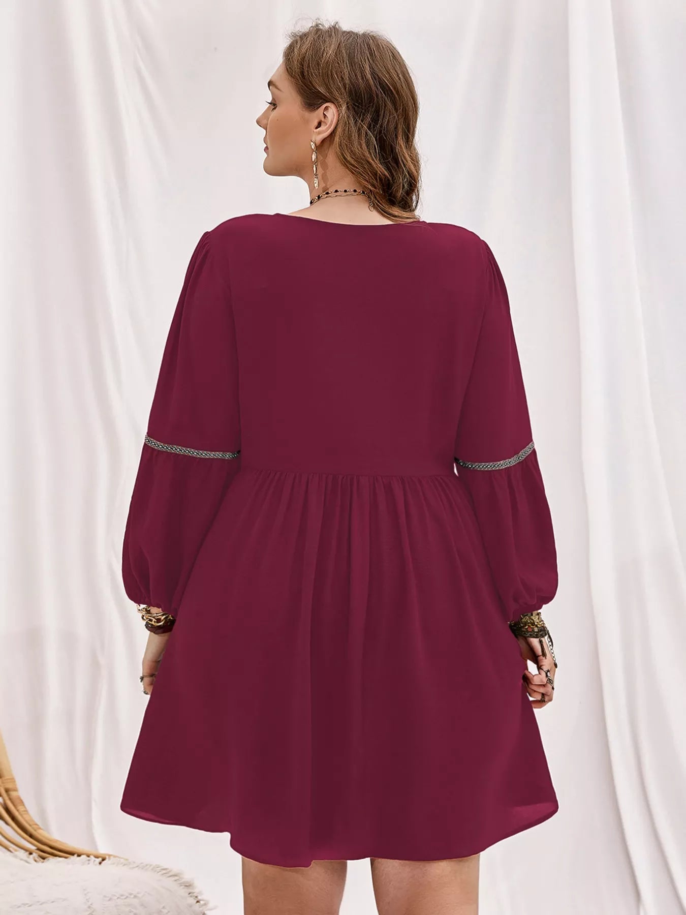 Plus Size Notched Balloon Sleeve Mini Dress OutfitFlow