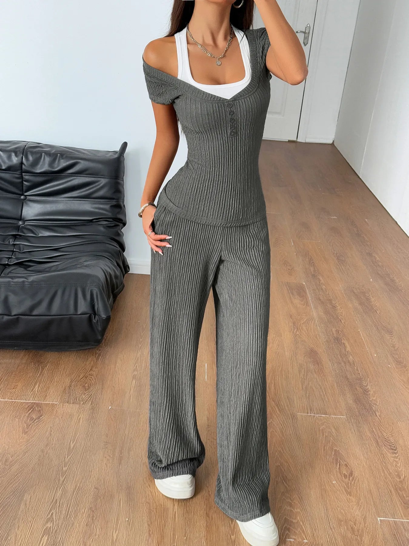Textured Short Sleeve Top and Pants Set Gray OutfitFlow