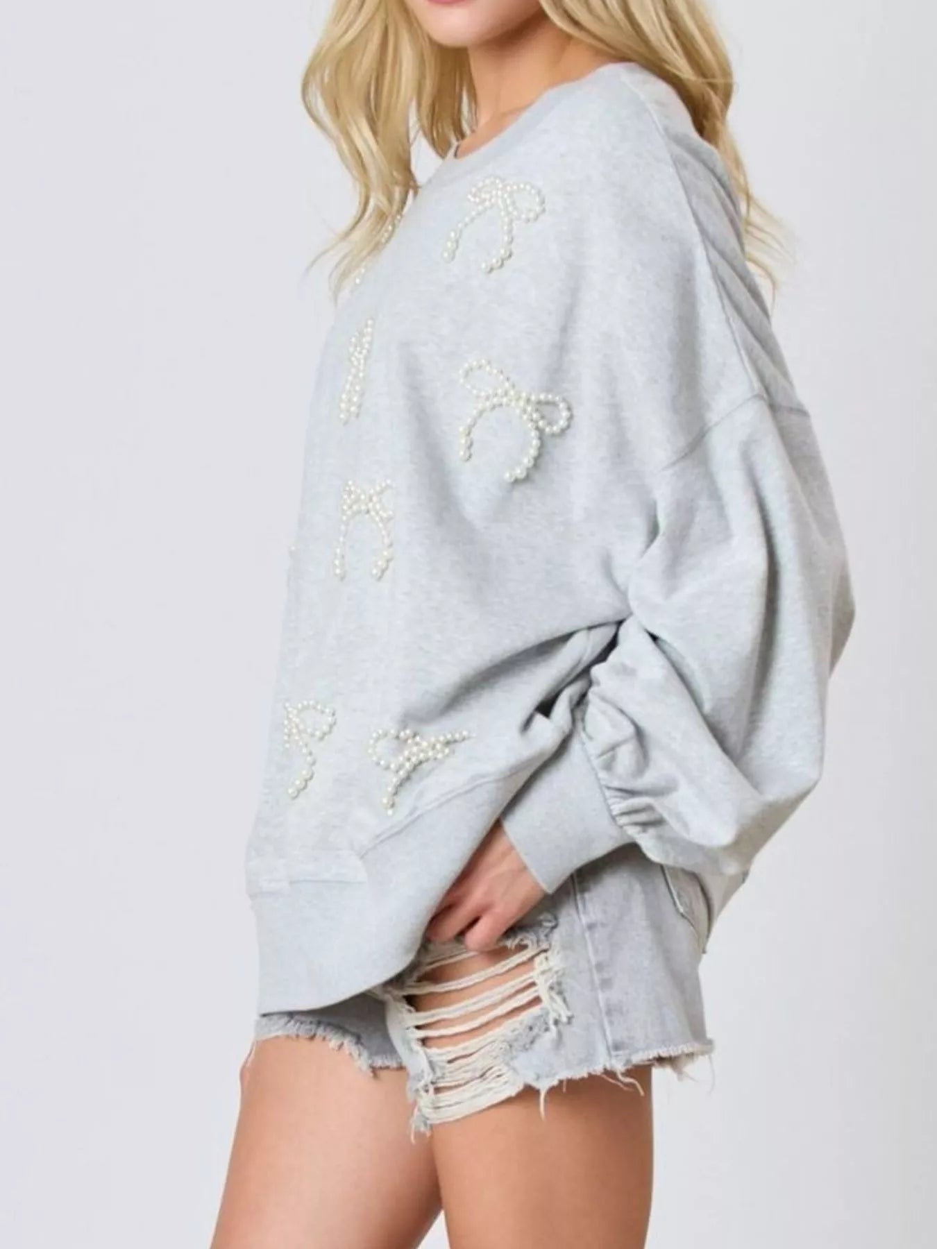 Pearl Embellished Bow Long Sleeve Sweatshirt OutfitFlow