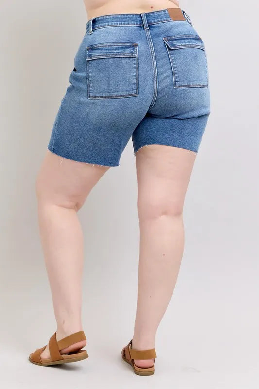 Judy Blue Full Size Mid Rise Bermudas Denim Shorts W/ Back Flap Pockets Plus Size OutfitFlow