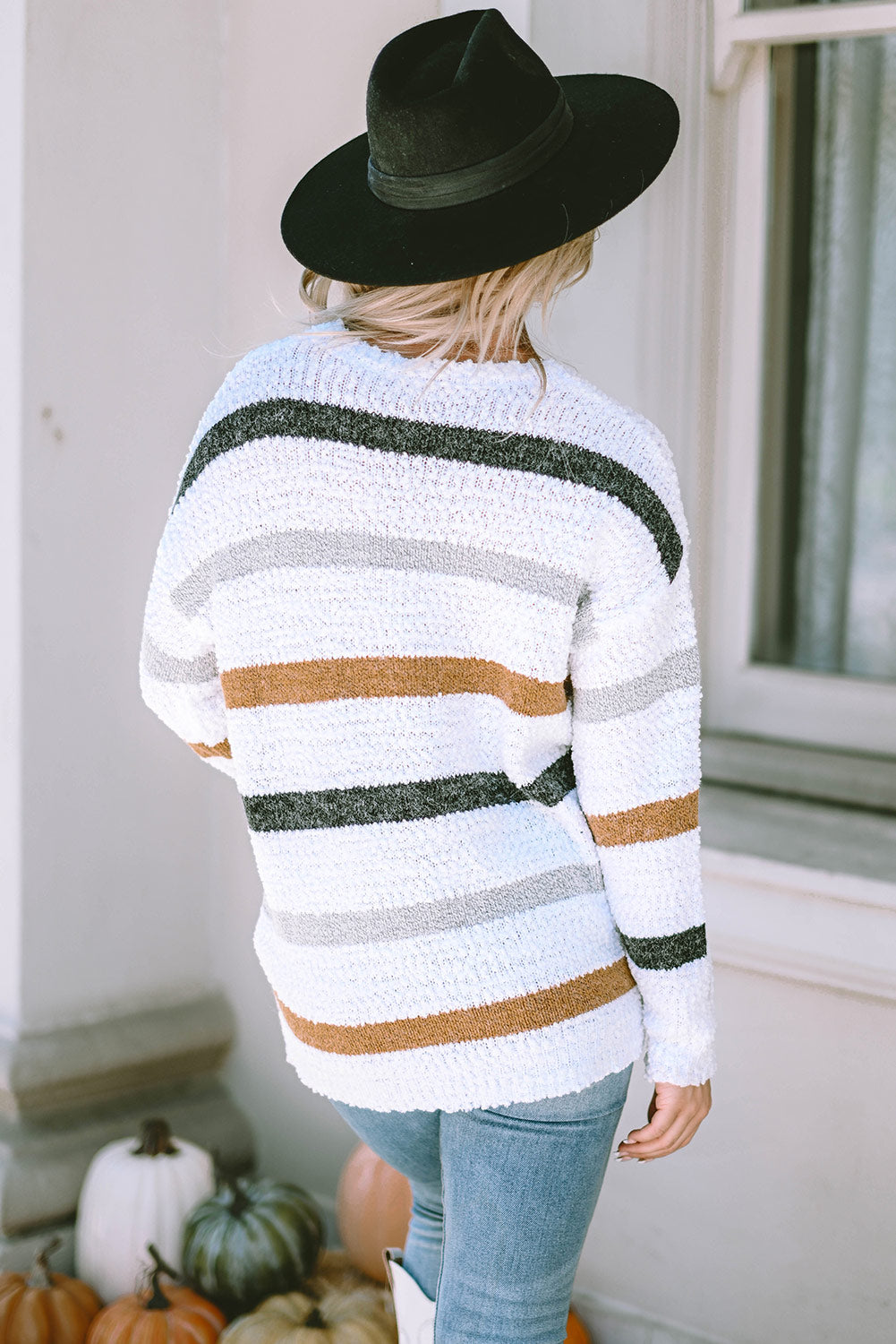 Outfit Flow - Striped Round Neck Dropped Shoulder Sweater