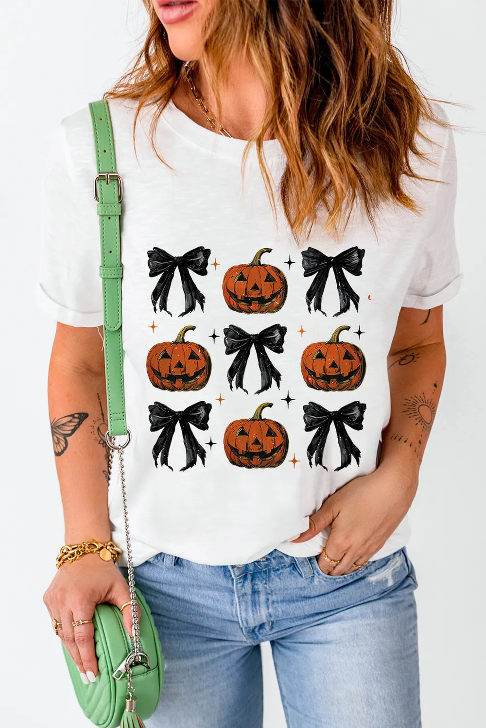 Pumpkin Round Neck Short Sleeve T-Shirt OutfitFlow