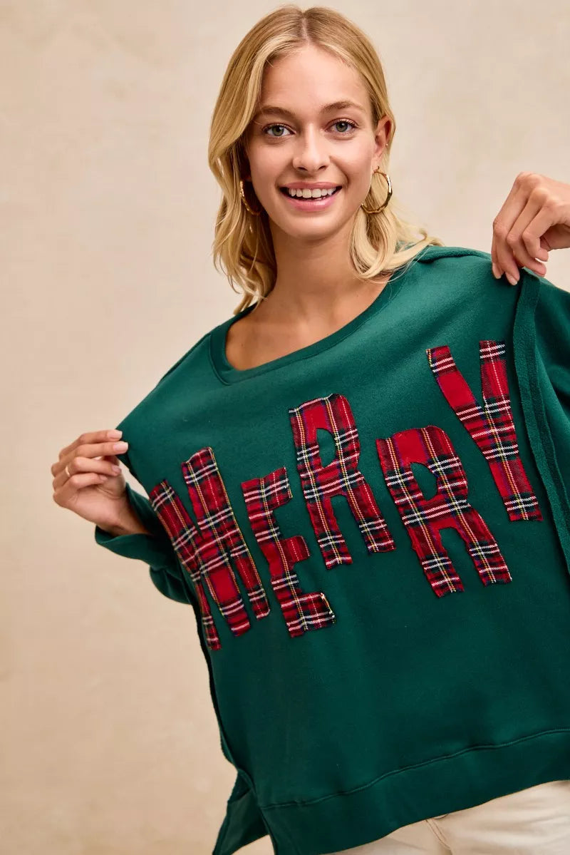 BiBi Christmas Plaid Merry Lettering Fleece Sweatshirt OutfitFlow