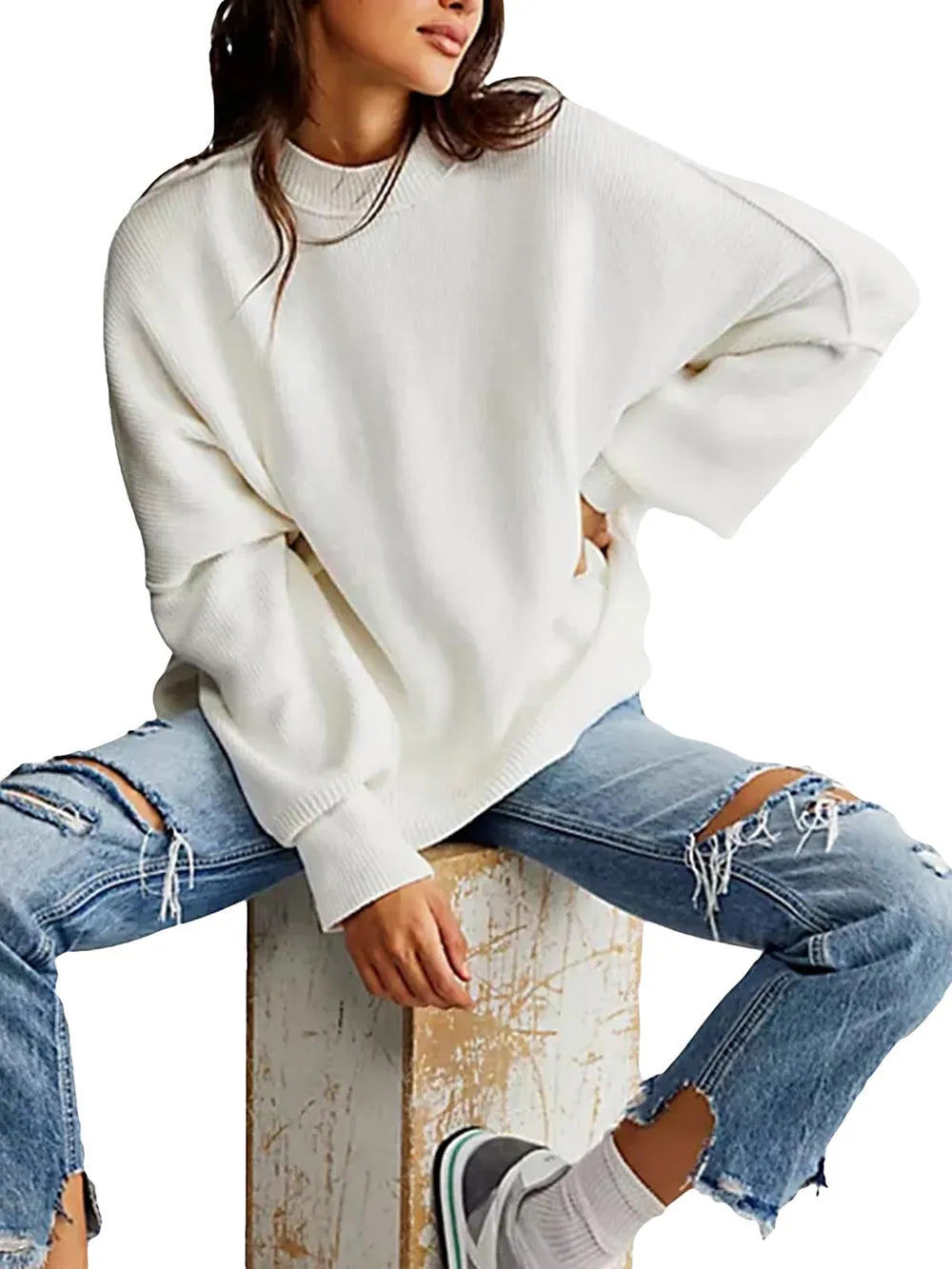 Round Neck Long Sleeve Sweater OutfitFlow