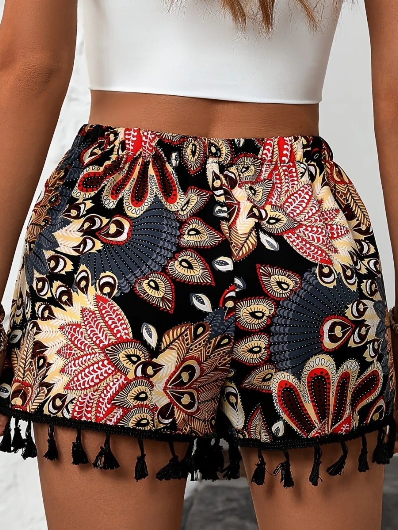 Paisley Print Tassel Hem Shorts OutfitFlow