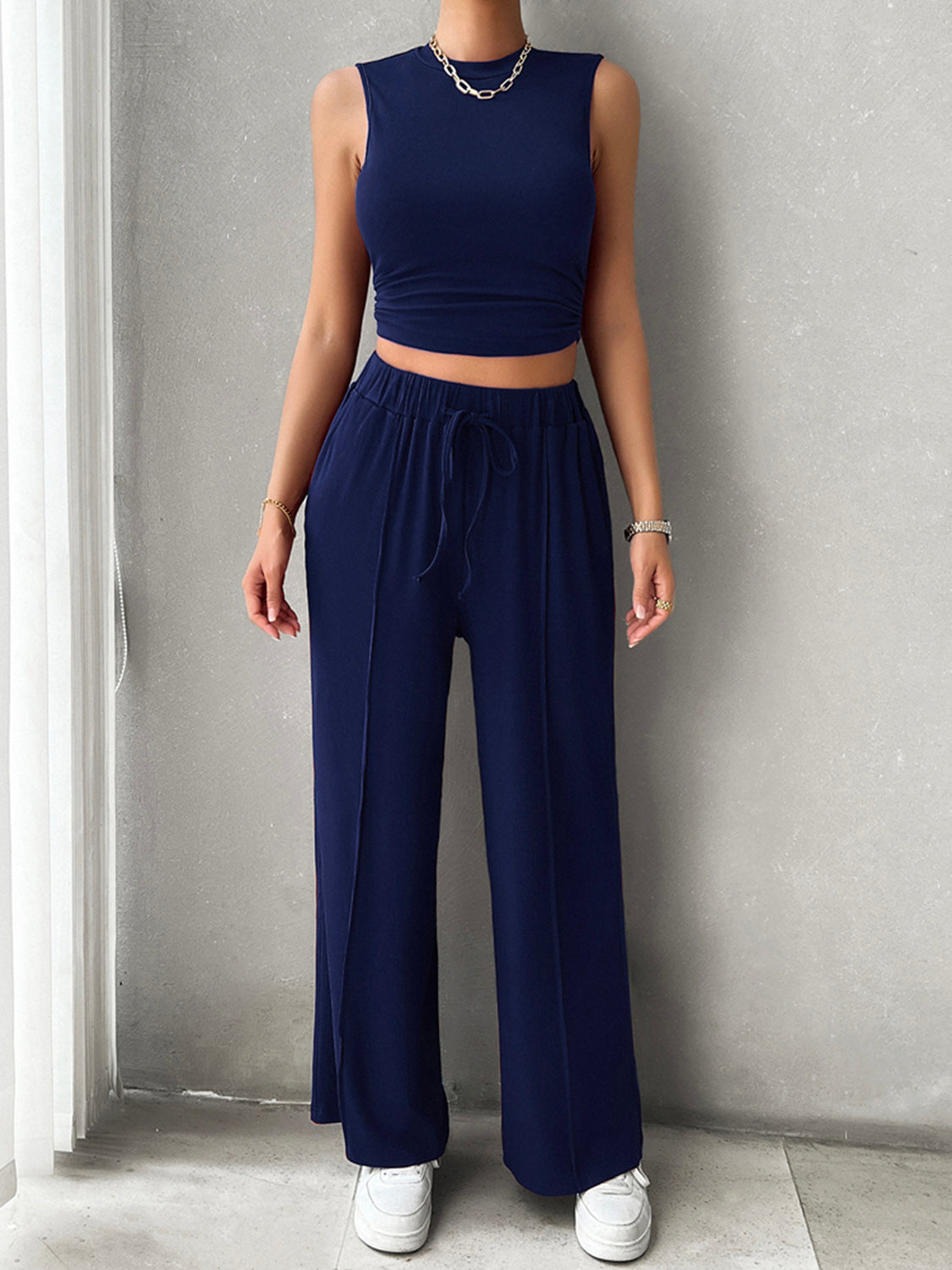 Devine Mock Neck Sleeveless Top and Drawstring Pants Set