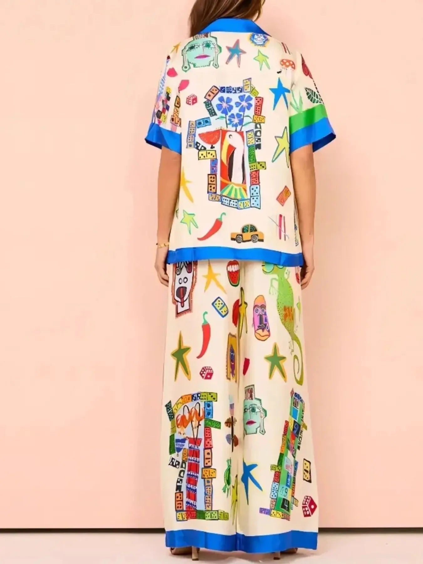Printed Button Up Shirt and Pants Set OutfitFlow