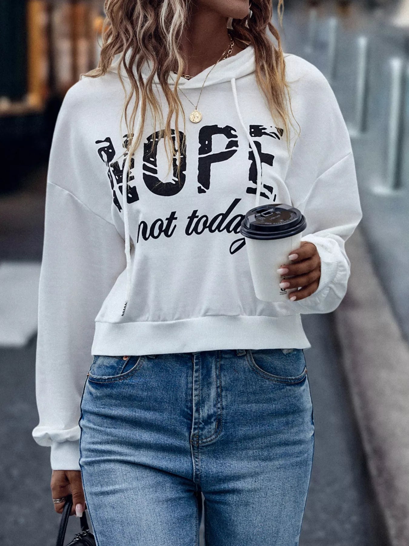 Letter Graphic Long Sleeve Drawstring Hoodie OutfitFlow