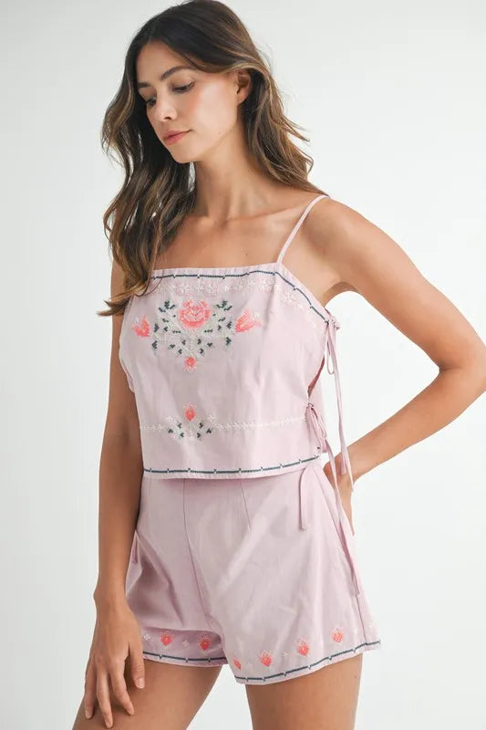 MABLE Embroidered Crop Top and Shorts Set OutfitFlow