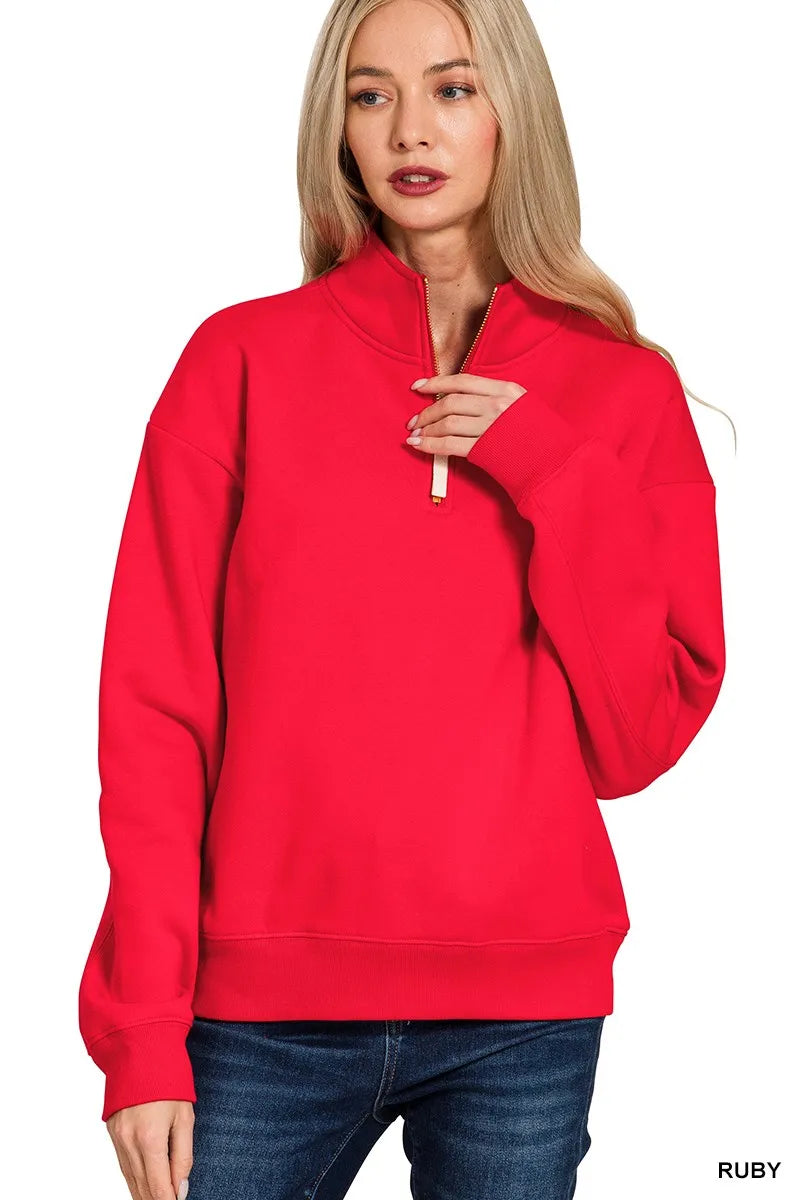 Zenana Fleece Half Zip Sweatshirt RUBY Trendsi
