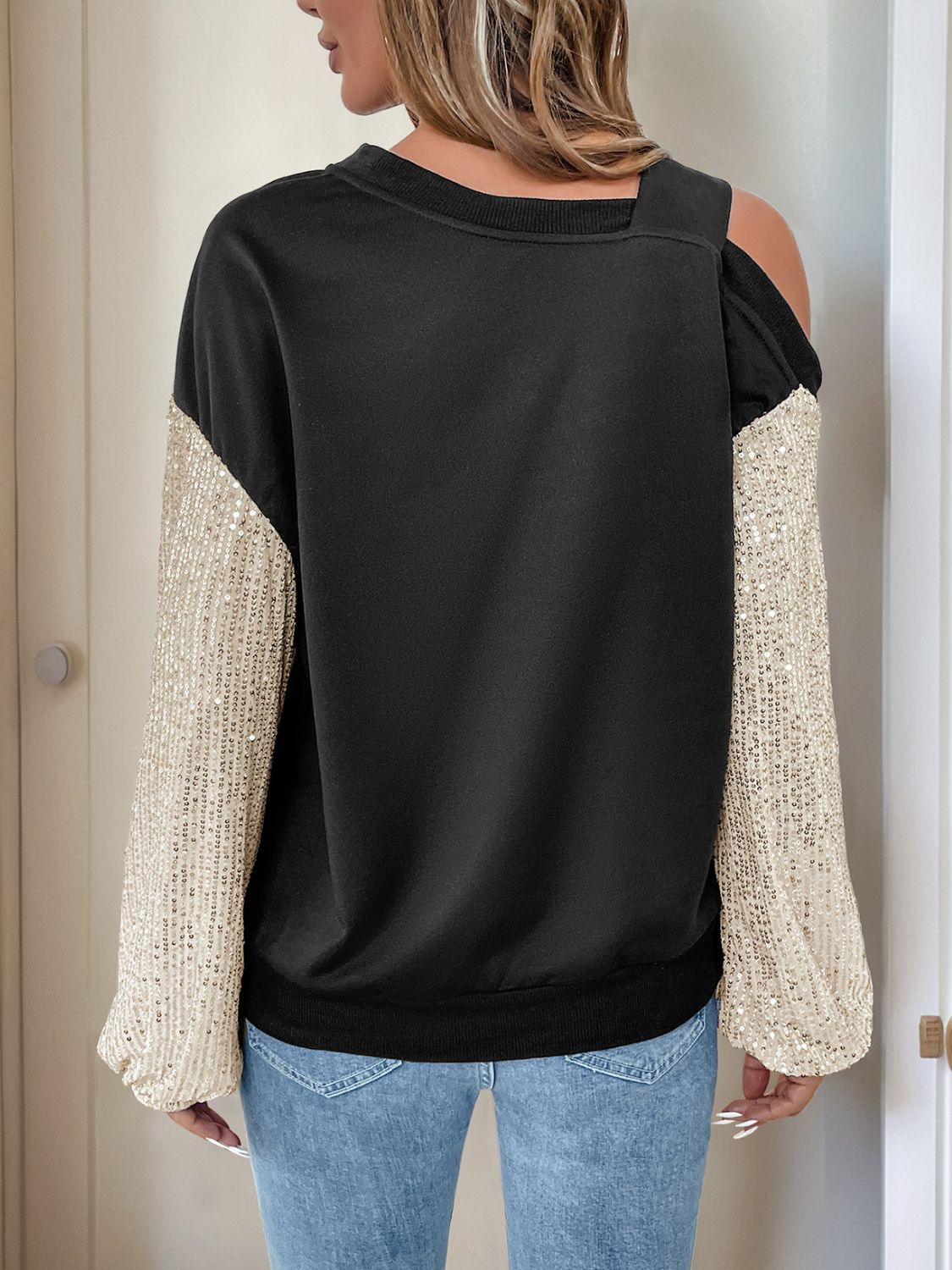 Outfit Flow - Perfee Sequin Asymmetrical Neck Long Sleeve Sweatshirt