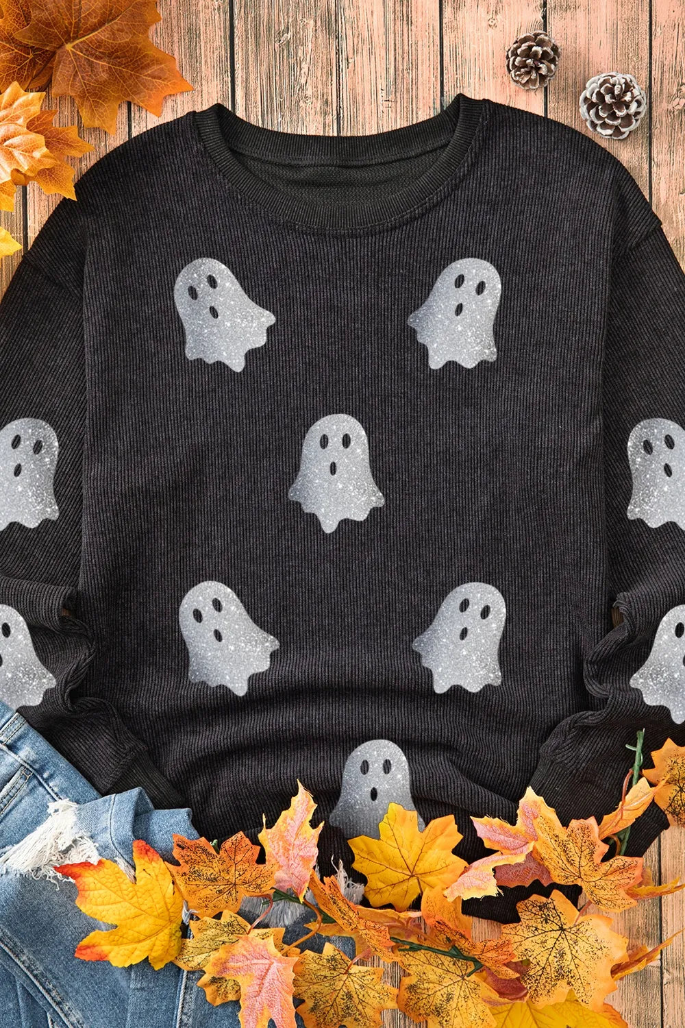 Glitter Ghost Round Neck Long Sleeve Sweatshirt OutfitFlow