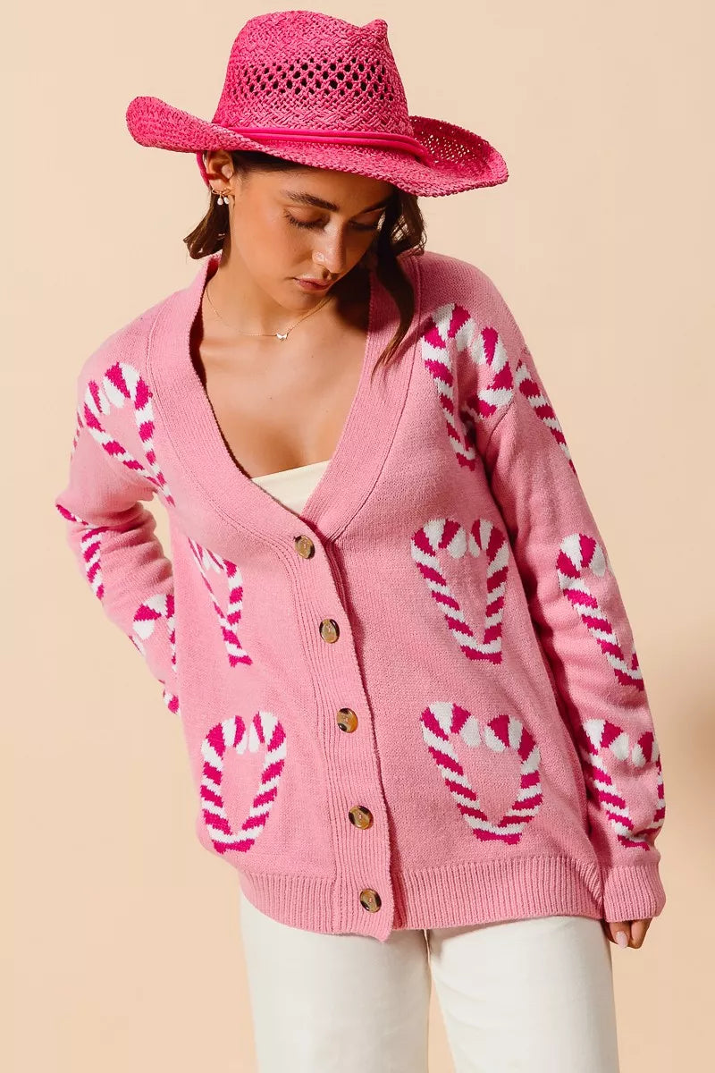SO ME Christmas Candy Cane Button Front Sweater Cardigan OutfitFlow