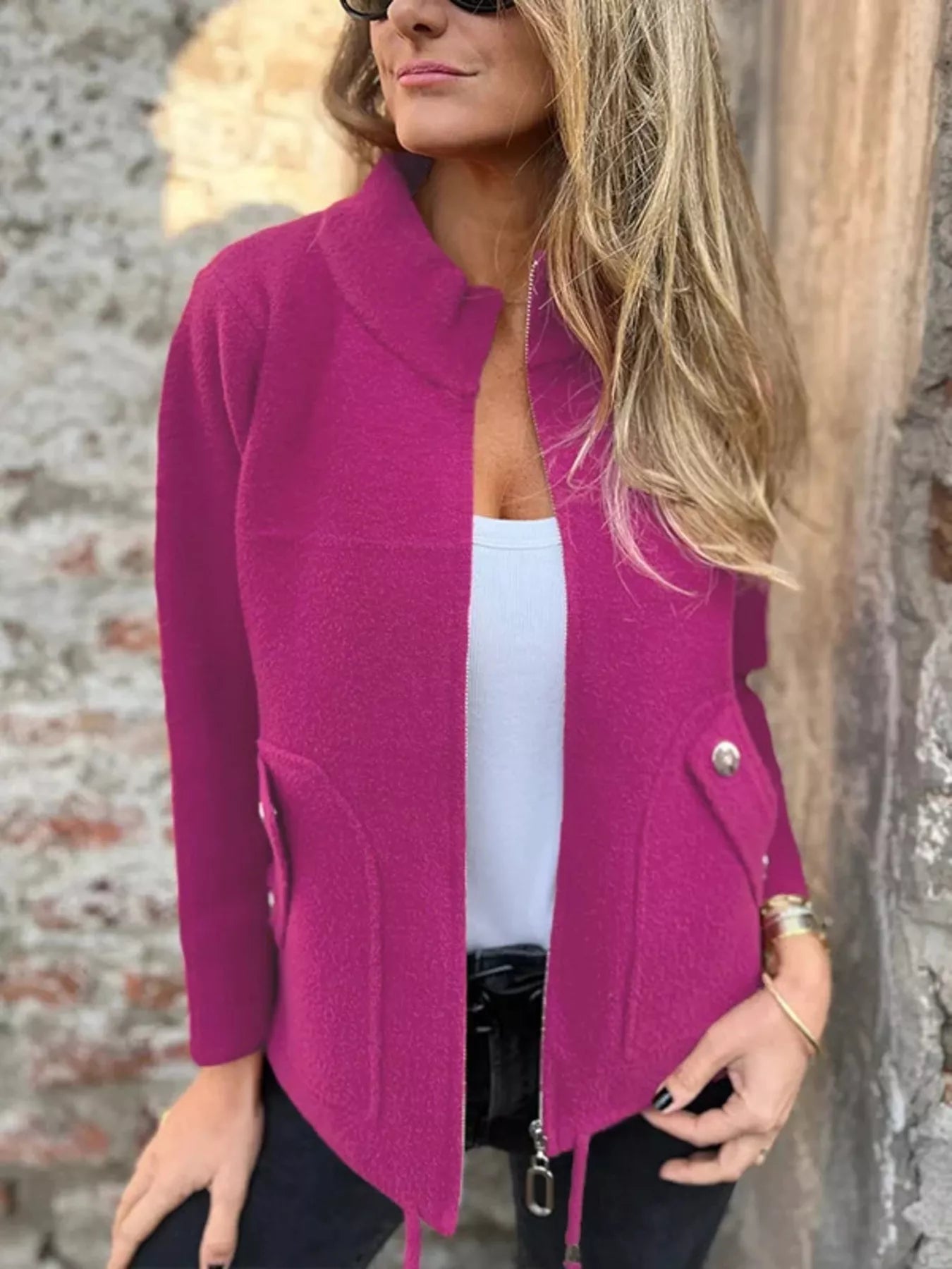 Full Size Textured Knit Zip Up Outerwear Plus Size Rose Red Trendsi