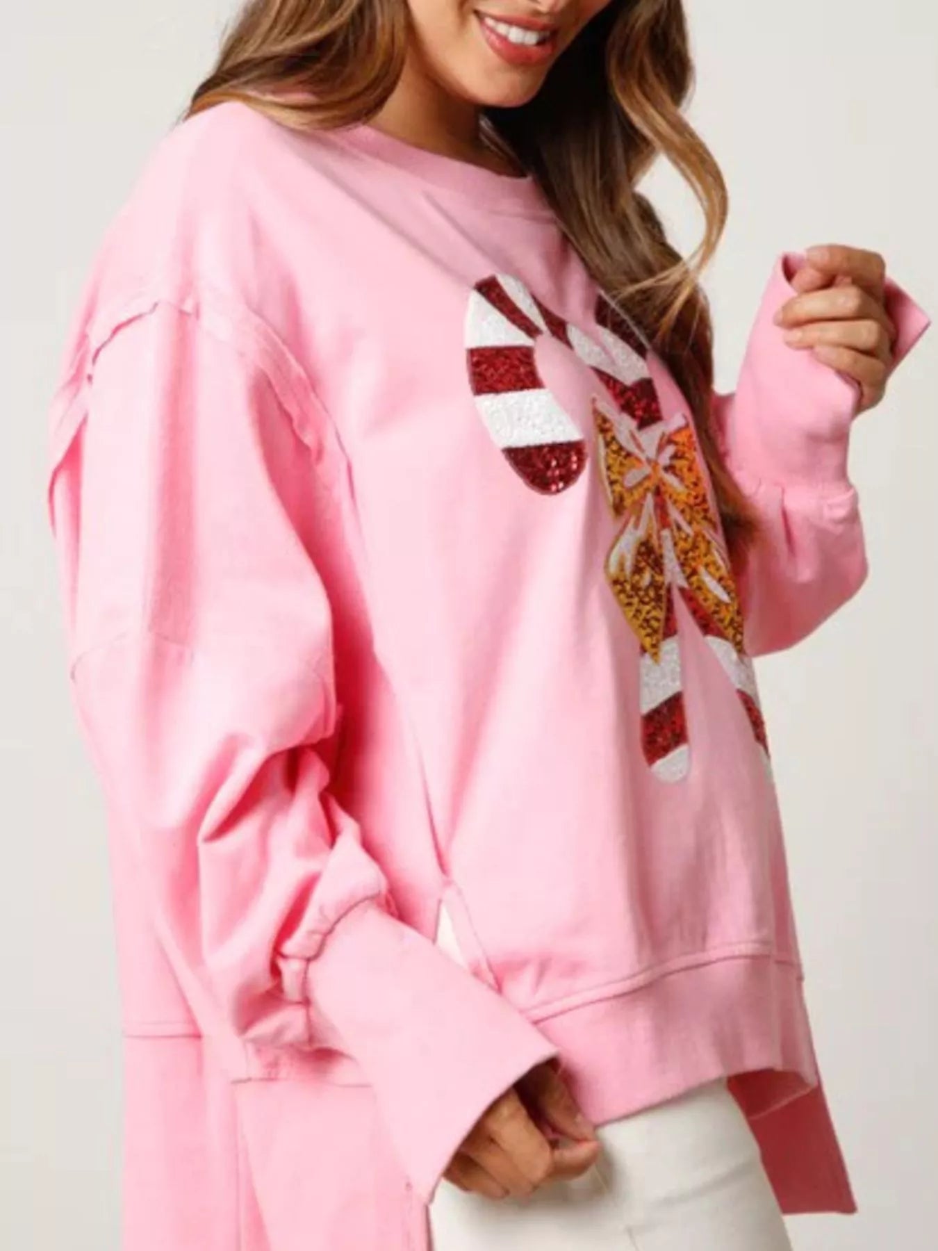Christmas Candy Cane Bow Dropped Shoulder Sweatshirt OutfitFlow