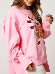 Christmas Candy Cane Bow Dropped Shoulder Sweatshirt OutfitFlow