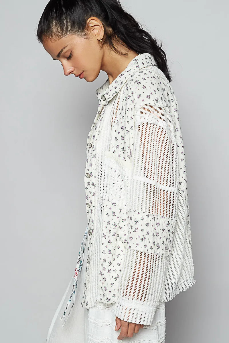 POL Floral Crochet Patchwork Long Sleeve Shirt OutfitFlow