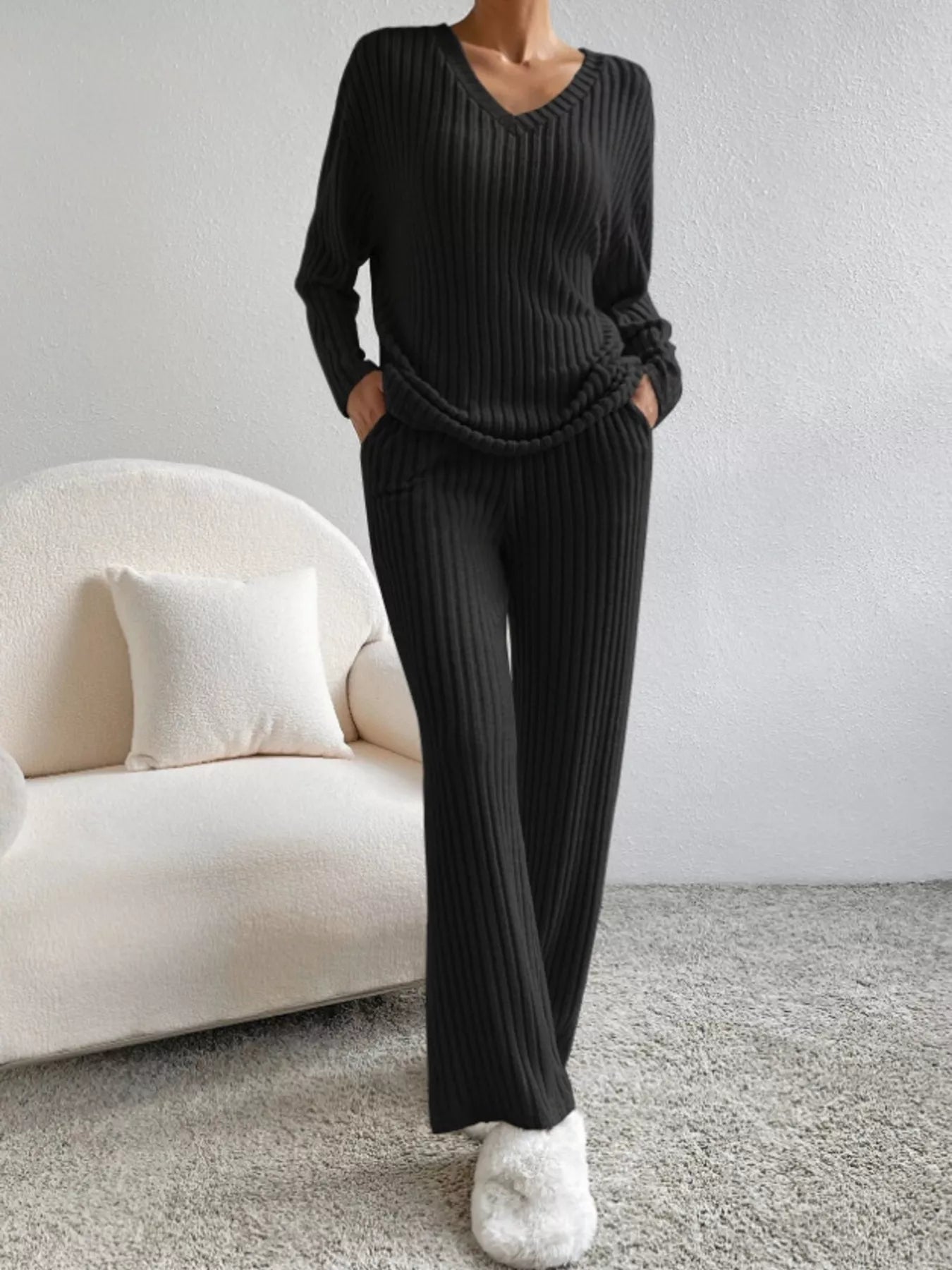 Ribbed Knit Long Sleeve Top and Pants Set Black OutfitFlow